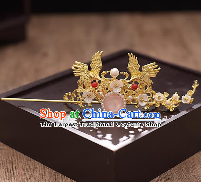 Chinese Ancient Bride Golden Crane Hairdo Crown Hairpins Traditional Hanfu Wedding Hair Accessories for Women