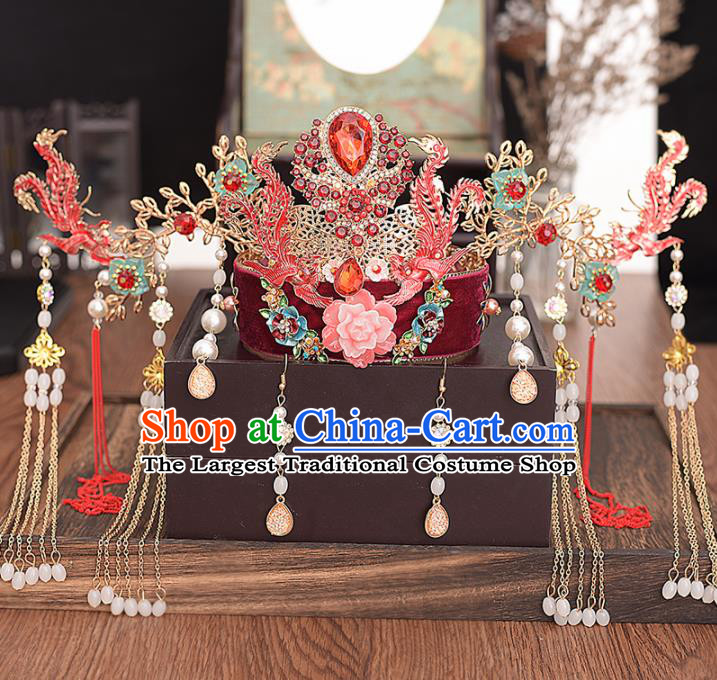 Chinese Ancient Bride Red Phoenix Coronet Hairpins Traditional Hanfu Wedding Hair Accessories for Women