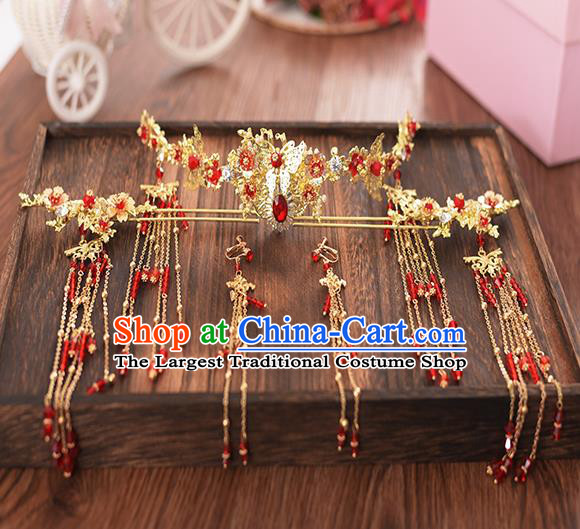 Chinese Ancient Bride Red Crystal Phoenix Coronet Hairpins Traditional Hanfu Wedding Hair Accessories for Women