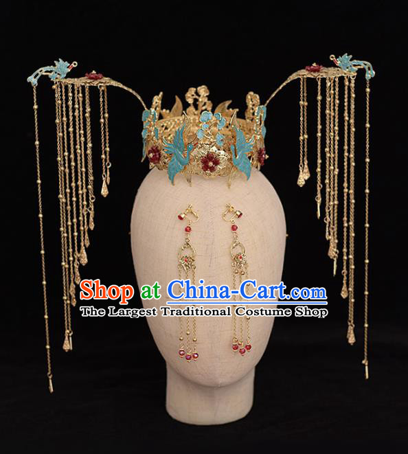 Chinese Ancient Bride Blue Cranes Tassel Phoenix Coronet Hairpins Traditional Hanfu Wedding Hair Accessories for Women