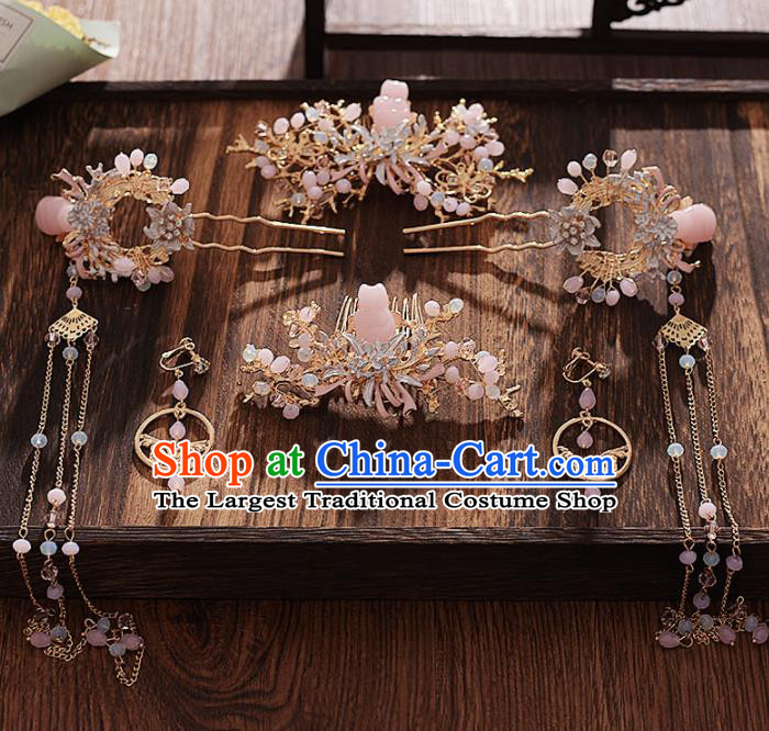 Chinese Ancient Bride Pink Stone Hair Comb Tassel Hairpins Traditional Hanfu Wedding Hair Accessories for Women