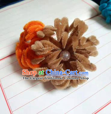 Chinese Ancient Court Brown and Orange Velvet Chrysanthemum Hairpins Traditional Hanfu Handmade Hair Accessories for Women