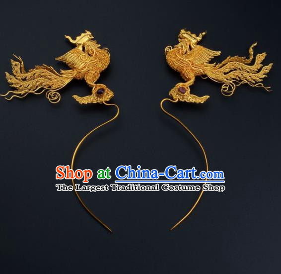 Ancient Chinese Ming Dynasty Empress Golden Phoenix Hairpins Traditional Hanfu Court Hair Accessories for Women