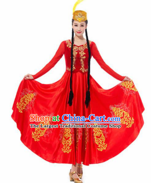 Traditional Chinese Uyghur Ethnic Costume Uyghurian Nationality Minority Dance Red Dress for Women