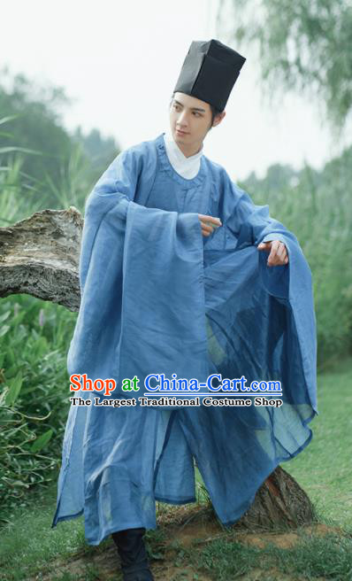 Traditional Chinese Ming Dynasty Childe Scholar Blue Robe Ancient Drama Taoist Priest Replica Costumes for Men