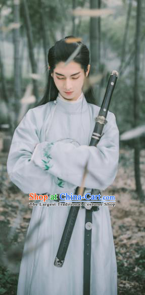 Chinese Traditional Cosplay Tang Dynasty Swordsman Blue Costumes Ancient Scholar Clothing for Men