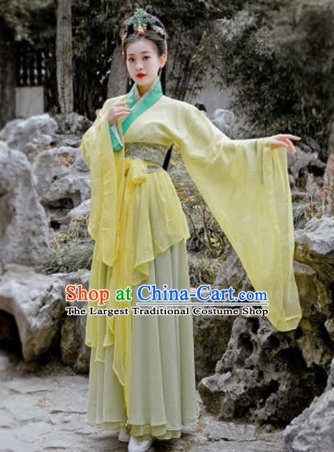 Chinese Traditional Qin Dynasty Court Princess Costumes Ancient Drama Swordsman Yellow Hanfu Dress for Women