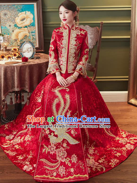 Chinese Traditional Embroidered Phoenix Drilling Red Xiu He Suit Wedding Dress Ancient Bride Costumes for Women