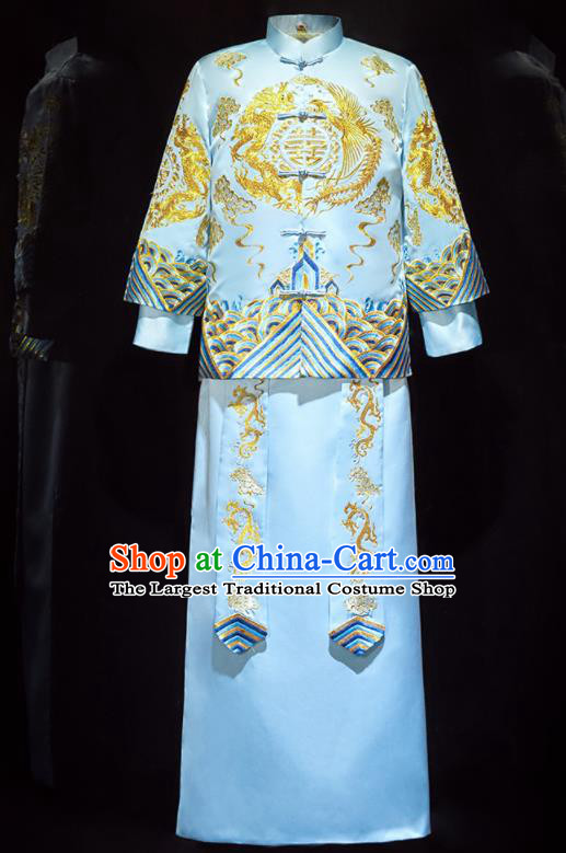 Chinese Ancient Bridegroom Embroidered Blue Mandarin Jacket and Long Gown Traditional Wedding Tang Suit Costumes for Men