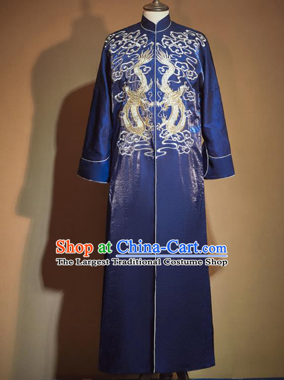 Chinese Ancient Bridegroom Embroidered Blue Long Gown Traditional Wedding Tang Suit Costumes for Men