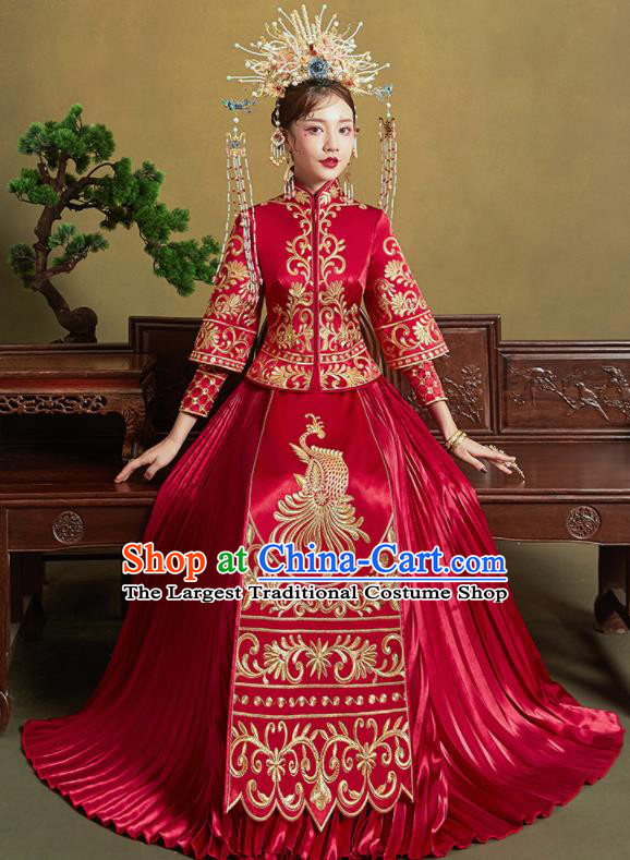 Chinese Traditional Red Xiu He Suit Embroidered Phoenix Wedding Dress Ancient Bride Costumes for Women