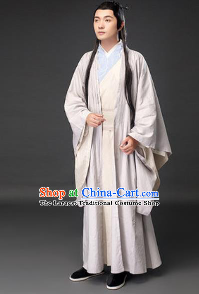 Chinese Ancient Scholar Xu Xian White Clothing Traditional Song Dynasty Civilian Costumes for Men