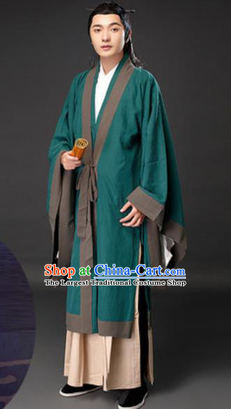 Chinese Ancient Taoist Priest Green Clothing Traditional Tang Dynasty Civilian Scholar Costumes for Men