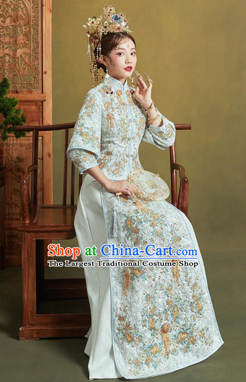 Chinese Traditional Wedding Xiu He Suit Embroidered Light Blue Jacket and Dress Ancient Bride Costumes for Women