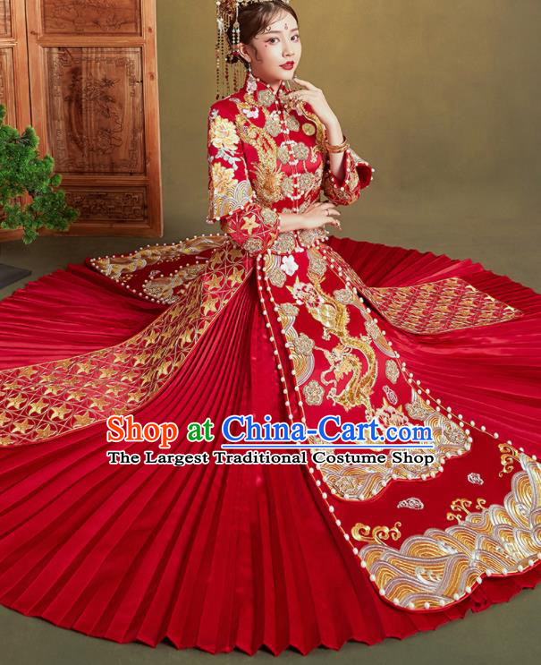 Chinese Traditional Wedding Xiu He Suit Embroidered Dragon Peony Red Blouse and Dress Ancient Bride Costumes for Women