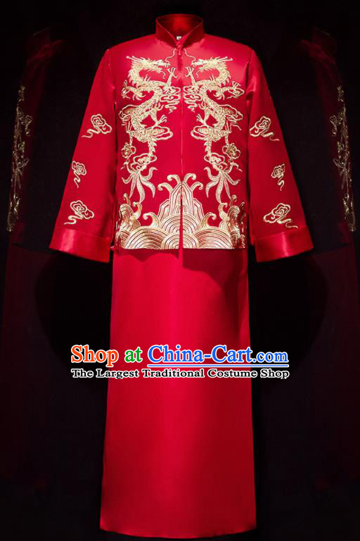 Chinese Ancient Bridegroom Embroidered Dragons Red Mandarin Jacket and Long Gown Traditional Wedding Tang Suit Costumes for Men