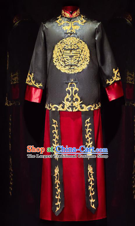 Chinese Ancient Bridegroom Embroidered Black Mandarin Jacket and Long Gown Traditional Wedding Tang Suit Costumes for Men