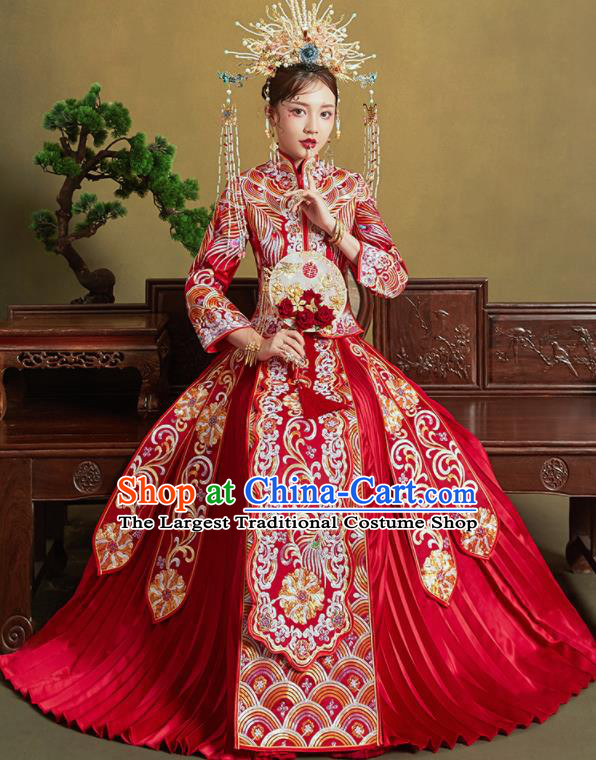 Chinese Traditional Wedding Xiu He Suit Embroidered Peony Red Blouse and Dress Ancient Bride Costumes for Women