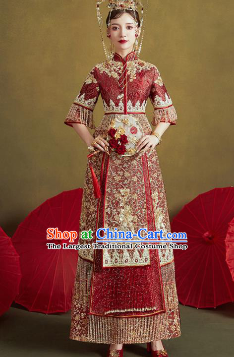 Chinese Traditional Embroidered Wedding Dark Red Xiu He Suit Blouse and Dress Ancient Bride Costumes for Women