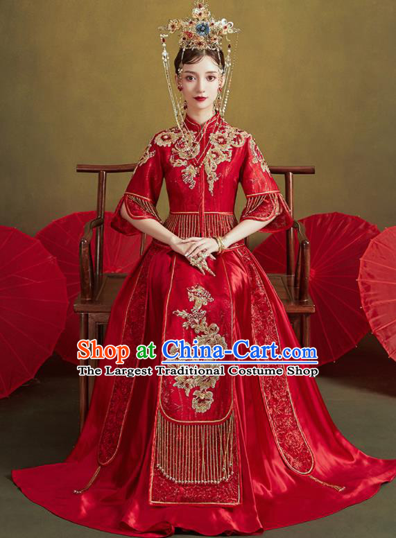 Chinese Traditional Embroidered Wedding Red Xiu He Suit Blouse and Tassel Dress Ancient Bride Costumes for Women