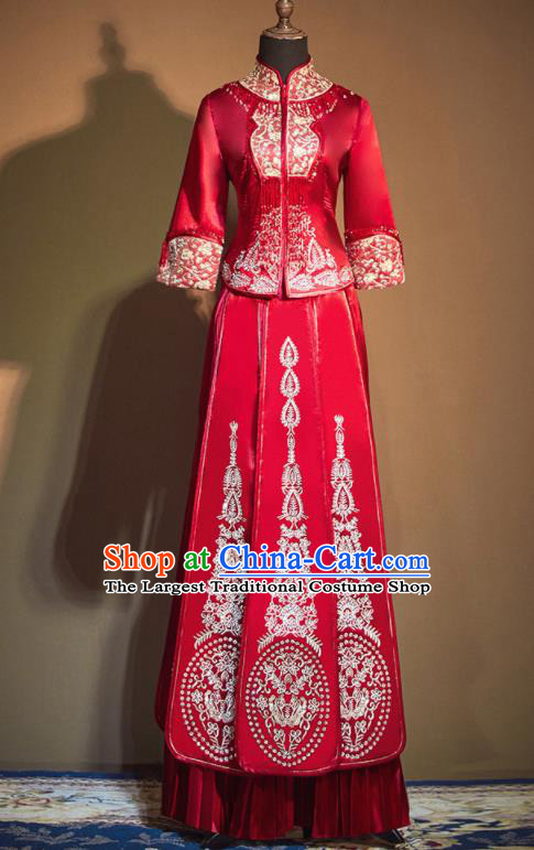 Chinese Traditional Embroidered Wedding Xiu He Suit Red Blouse and Dress Ancient Bride Costumes for Women