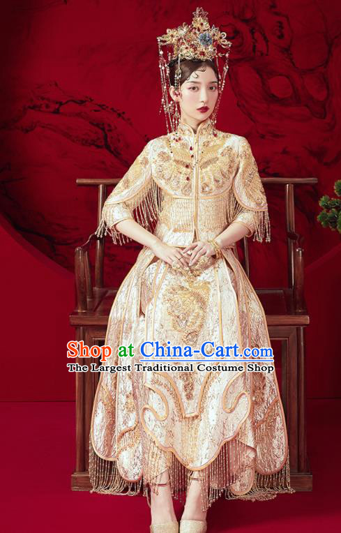 Chinese Traditional Embroidered Golden Tassel Wedding Xiu He Suit Blouse and Dress Ancient Bride Costumes for Women