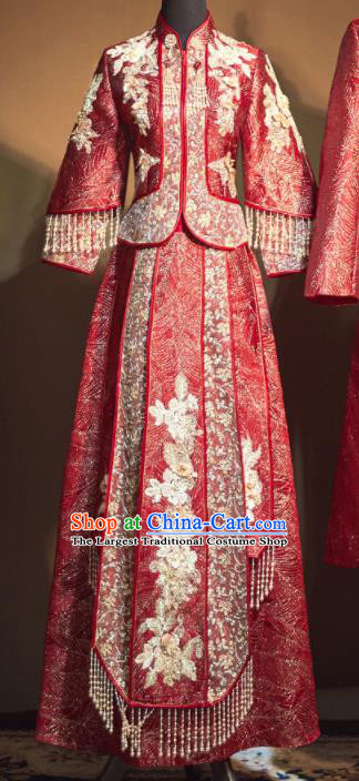 Chinese Traditional Embroidered Beads Wedding Xiu He Suit Red Blouse and Dress Ancient Bride Costumes for Women