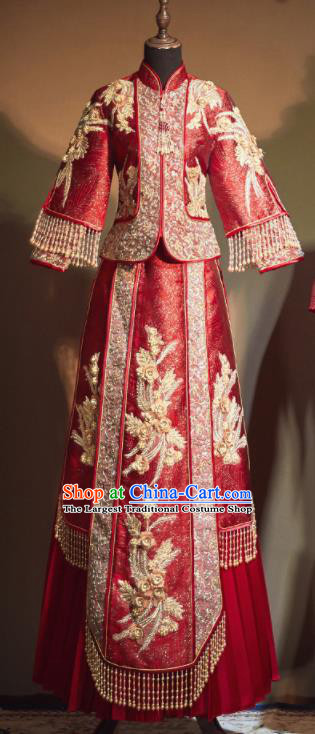 Chinese Traditional Embroidered Phoenix Wedding Xiu He Suit Red Blouse and Dress Ancient Bride Costumes for Women