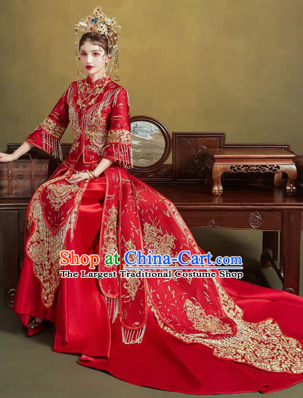 Chinese Traditional Wedding Embroidered Trailing Xiu He Suit Blouse and Dress Ancient Bride Costumes for Women