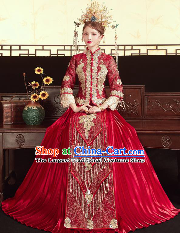 Chinese Traditional Wedding Red Bottom Drawer Xiu He Suit Embroidered Peacock Blouse and Dress Ancient Bride Costumes for Women