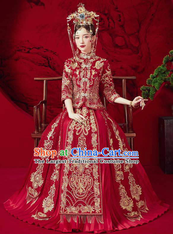 Chinese Traditional Embroidered Blouse and Dress Wedding Red Bottom Drawer Xiu He Suit Ancient Bride Costumes for Women