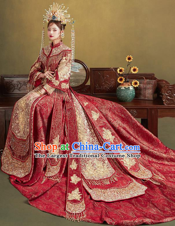 Chinese Traditional Embroidered Red Blouse and Dress Wedding Bottom Drawer Xiu He Suit Ancient Bride Costumes for Women