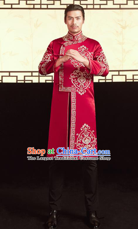 Chinese Ancient Bridegroom Embroidered Red Mandarin Jacket and Pants Traditional Wedding Tang Suit Costumes for Men