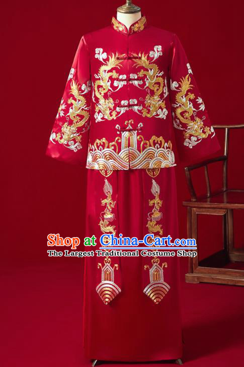 Chinese Ancient Bridegroom Embroidered Dragon Red Mandarin Jacket and Long Gown Traditional Wedding Tang Suit Costumes for Men