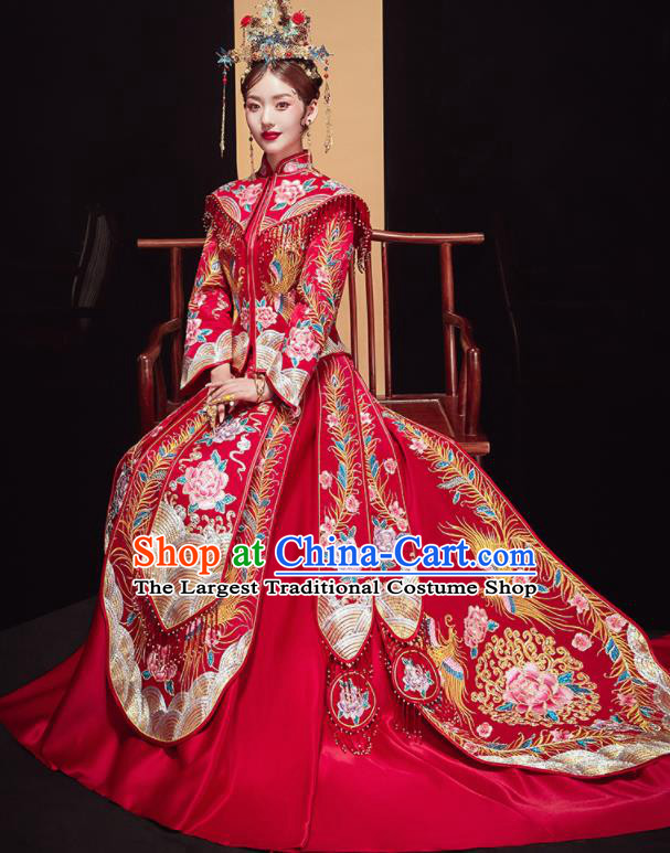 Chinese Traditional Wedding Embroidered Phoenix Peony Red Blouse and Dress Xiu He Suit Bottom Drawer Ancient Bride Costumes for Women