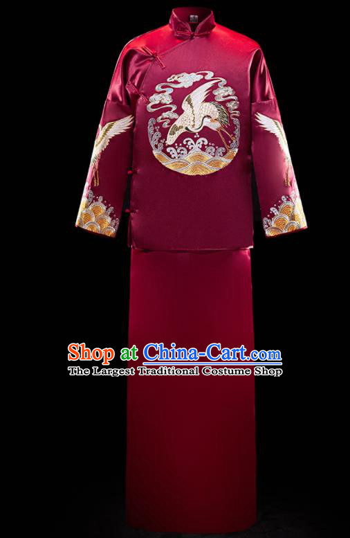 Chinese Ancient Bridegroom Embroidered Crane Purplish Red Mandarin Jacket and Gown Traditional Wedding Tang Suit Costumes for Men