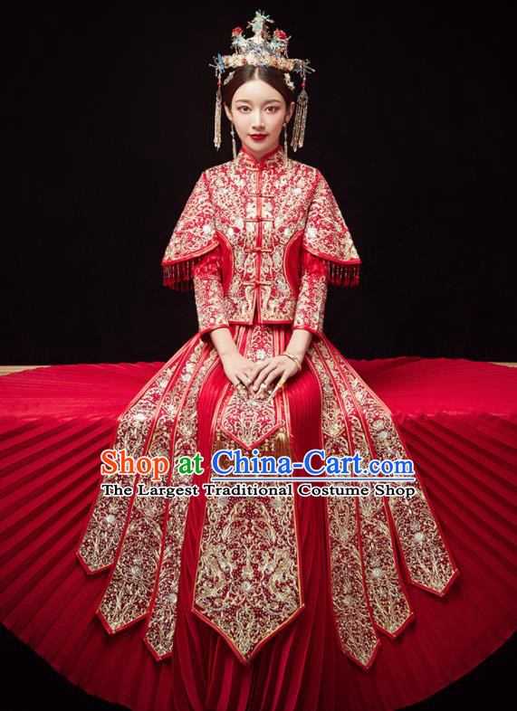 Chinese Traditional Wedding Embroidered Drilling Flowers Red Blouse and Dress Xiu He Suit Red Bottom Drawer Ancient Bride Costumes for Women