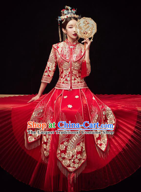 Chinese Traditional Wedding Embroidered Flowers Slim Blouse and Dress Xiu He Suit Red Bottom Drawer Ancient Bride Costumes for Women