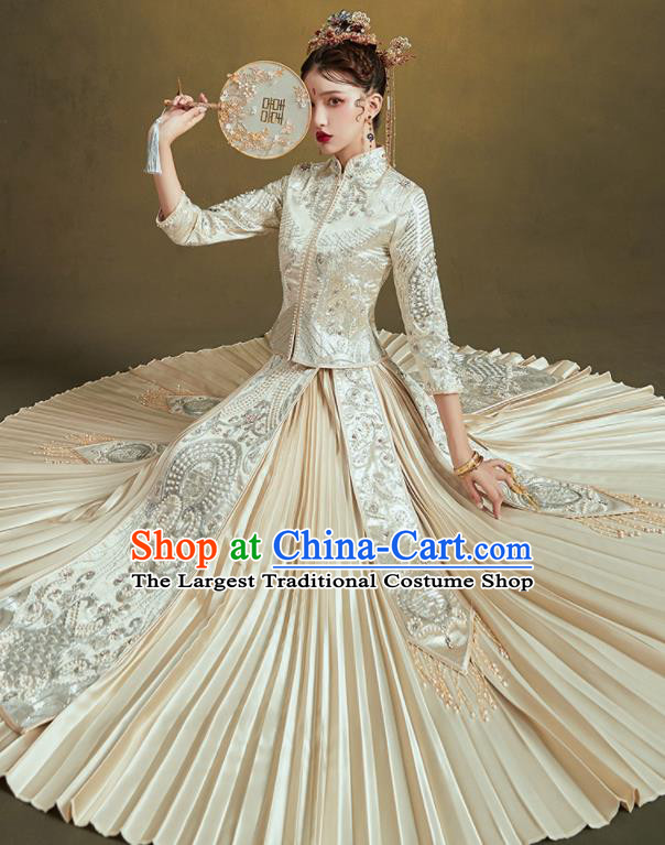 Chinese Traditional Embroidered Beige Bottom Drawer Wedding Blouse and Dress Xiu He Suit Ancient Bride Costumes for Women