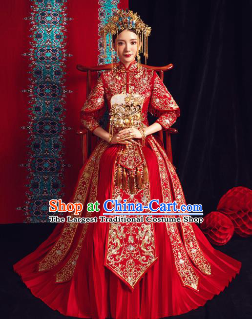 Chinese Traditional Bride Embroidered Xiu He Suit Wedding Red Blouse and Dress Bottom Drawer Ancient Costumes for Women