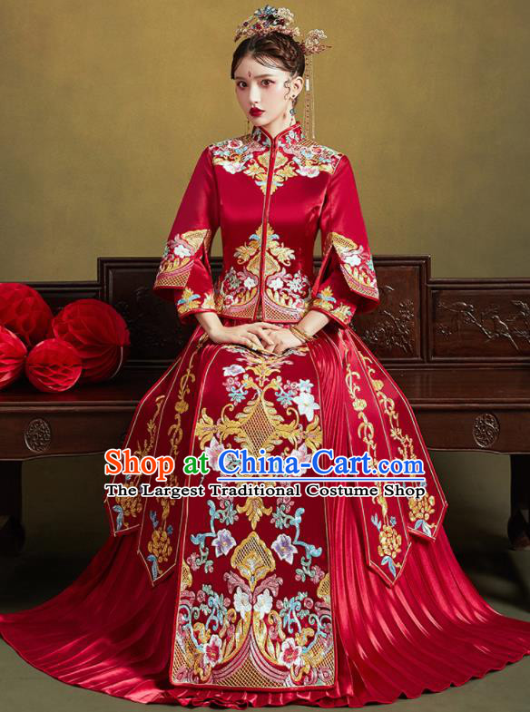 Chinese Traditional Wedding Bottom Drawer Embroidered Flowers Blouse and Dress Xiu He Suit Ancient Bride Costumes for Women