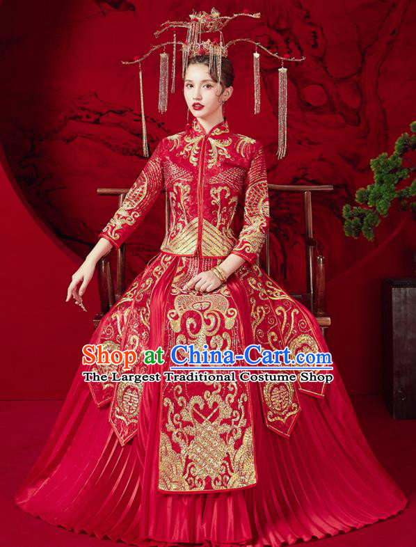 Chinese Traditional Bride Embroidered Red Xiu He Suit Wedding Drilling Blouse and Dress Bottom Drawer Ancient Costumes for Women