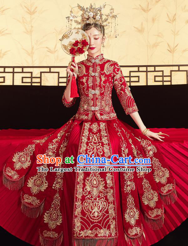 Chinese Traditional Wedding Bottom Drawer Embroidered Red Blouse and Dress Xiu He Suit Ancient Bride Costumes for Women