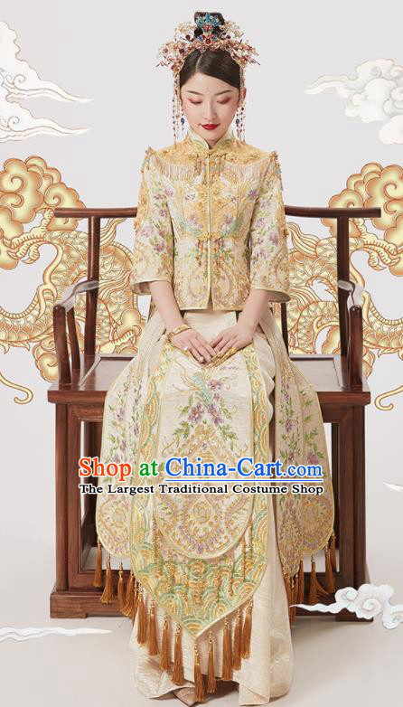 Chinese Traditional Wedding Golden Bottom Drawer Embroidered Phoenix Blouse and Dress Xiu He Suit Ancient Bride Costumes for Women