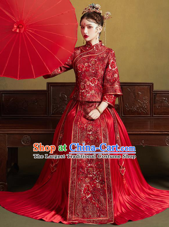 Chinese Traditional Wedding Embroidered Peony Red Blouse and Dress Xiu He Suit Bottom Drawer Ancient Bride Costumes for Women