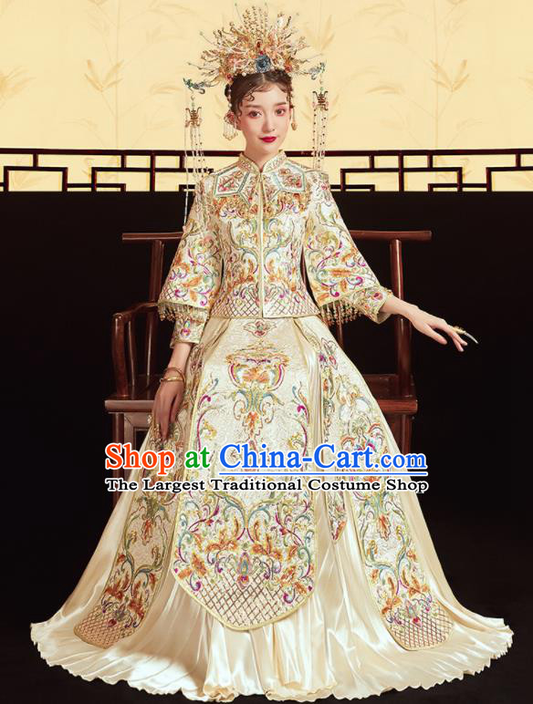 Chinese Traditional Wedding Embroidered Beige Blouse and Dress Xiu He Suit Bottom Drawer Ancient Bride Costumes for Women