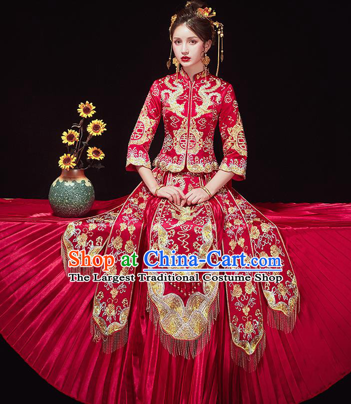 Chinese Traditional Ancient Bride Costumes Embroidered Golden Phoenix Xiu He Suit Wedding Blouse and Dress Bottom Drawer for Women