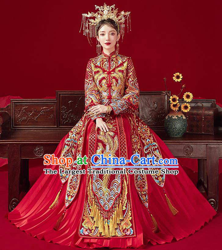 Chinese Traditional Ancient Bride Embroidered Phoenix Drilling Costumes Red Xiu He Suit Wedding Blouse and Dress Bottom Drawer for Women