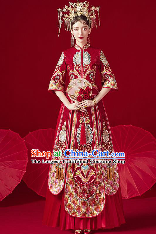 Chinese Traditional Ancient Bride Drilling Peacock Embroidered Costumes Red Xiu He Suit Wedding Blouse and Dress Bottom Drawer for Women