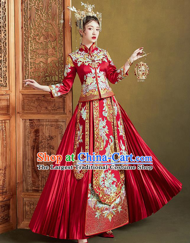 Chinese Ancient Bride Embroidered Drilling Flowers Costumes Red Xiu He Suit Wedding Blouse and Dress Traditional Bottom Drawer for Women